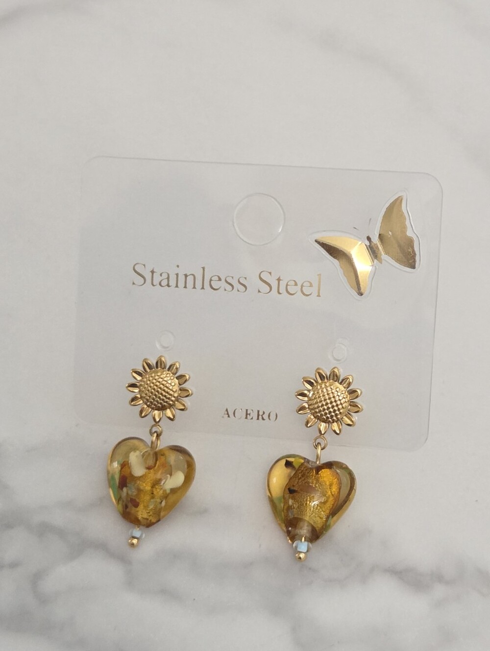 Gold Sunflower Amber Heart Dangle Drop Earrings Stainless Steel Boho Jewelry - Picture 13 of 13